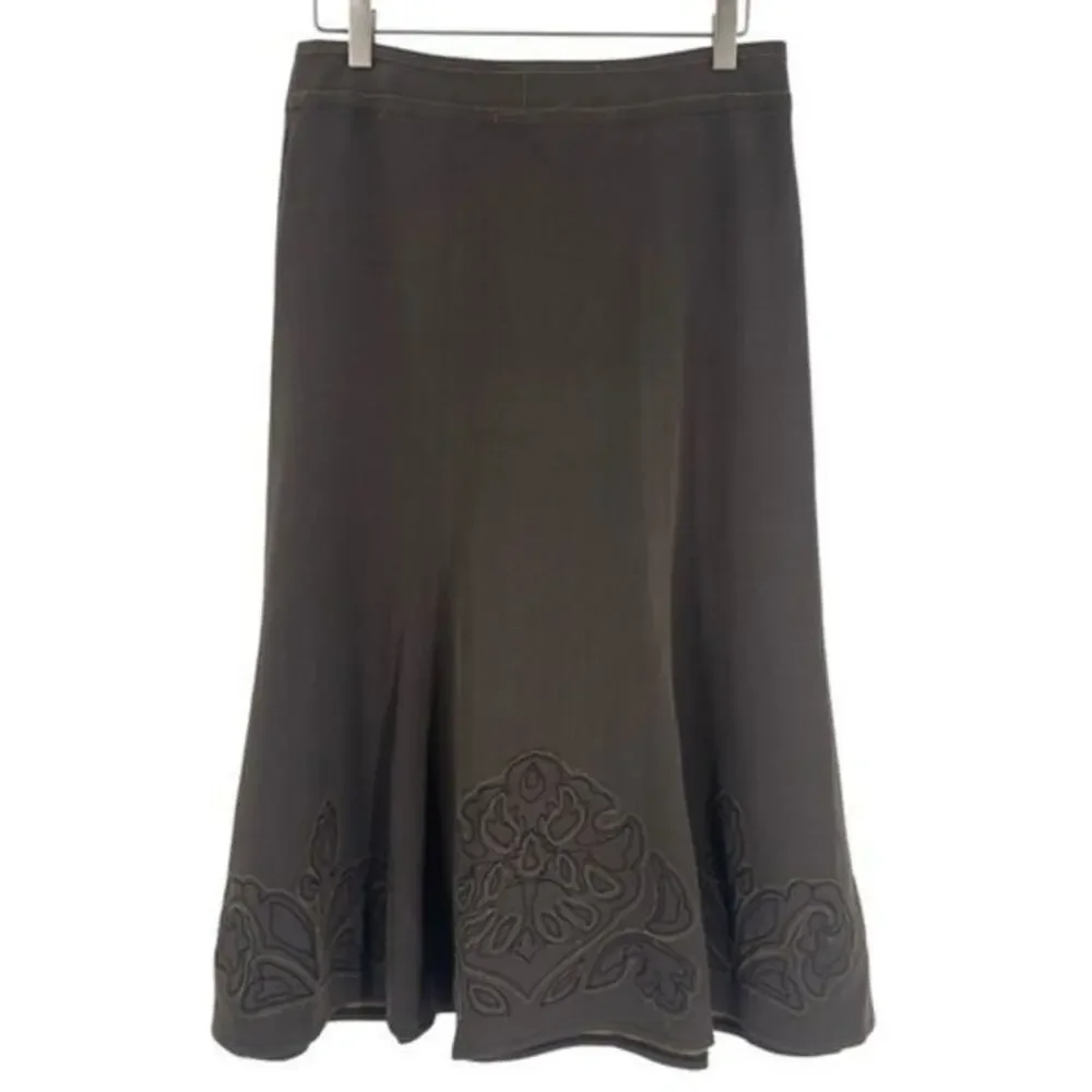 CAbi Brown A-Line Fluted Midi Skirt With Floral Applique Size 4